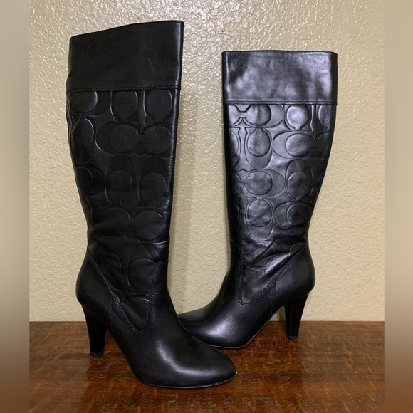 COACH Size 9B Millie Black Logo Embossed Leather Heeled Boots - Picture 1 of 14